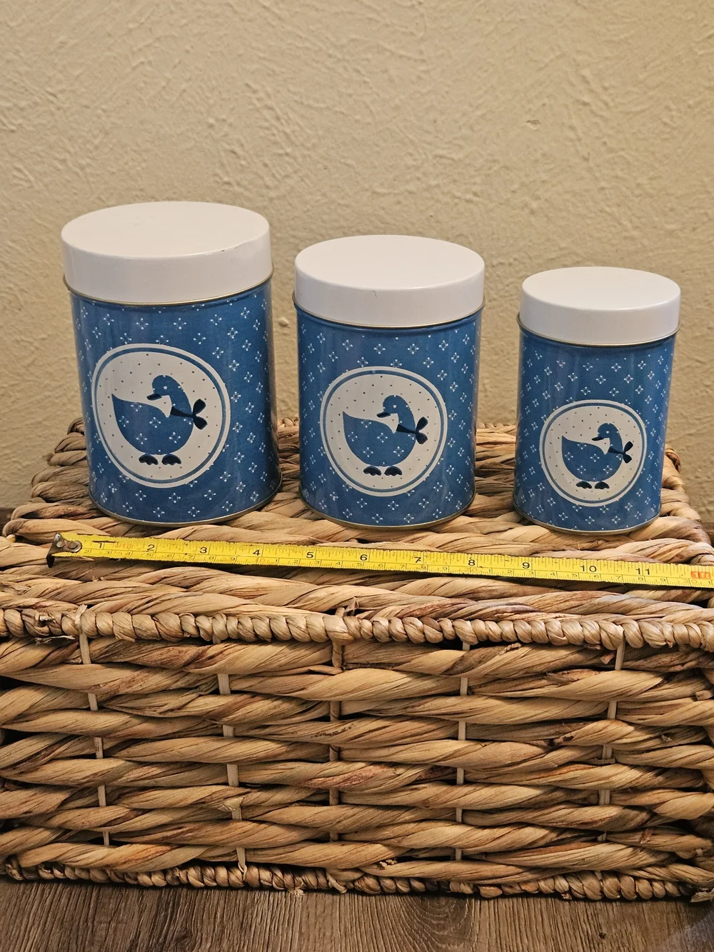 Vintage 1980s Blue Country Goose Nesting Tin Canister Set - 3 Piece